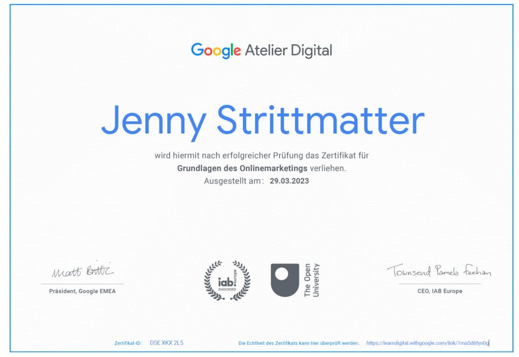 Google Zeritifikat Jenny Strittmatter
